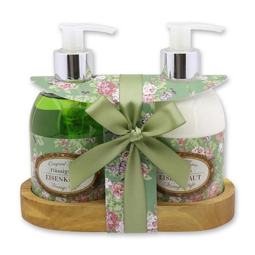 Body milk and liquid soap on a wooden shelf, Vintage style