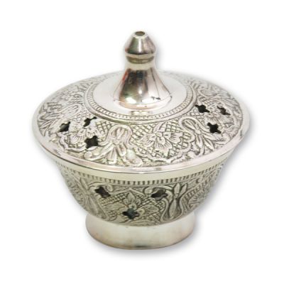 Incense vessel, 8cm brass nickel plated, removable cap and lattice 