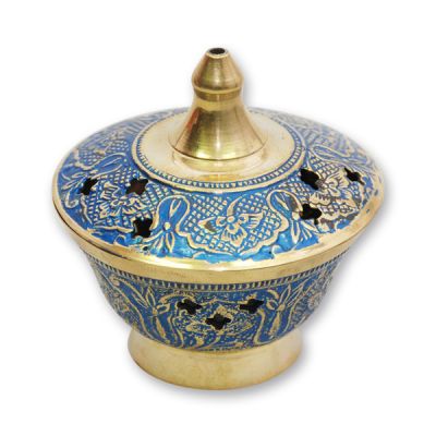 Incense vessel, 8cm brass nickel plated, blue, with removable cap and lattice 