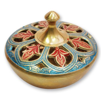 Incense, 10x7cm brass nickel plated, red/blue painted, removable cap and lattice 