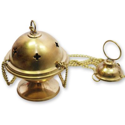 Incense vessel, with chain 25cm, brass polished, removable cap and lattice 