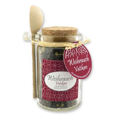 Insence mix 70g in a glass with cork and a wooden spoon decorated, "Vatikan" 