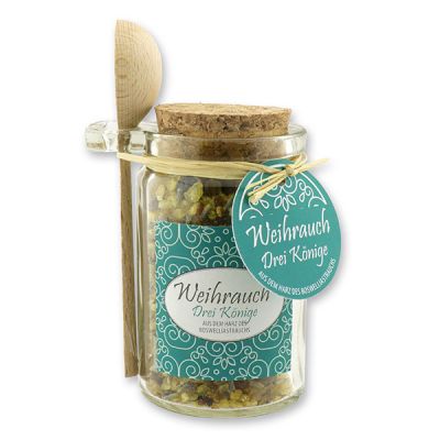 Insence mix 70g in a glass with cork and a wooden spoon decorated, "Drei Könige" 