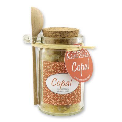 Incense 70g in a glass with cork and a wooden spoon decorated, "Copal" 