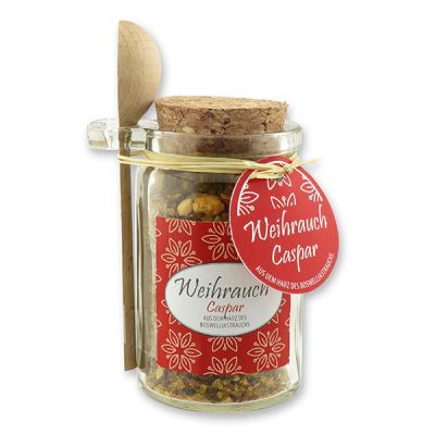 Insence mix 70g in a glass with cork and a wooden spoon decorated, "Caspar" 