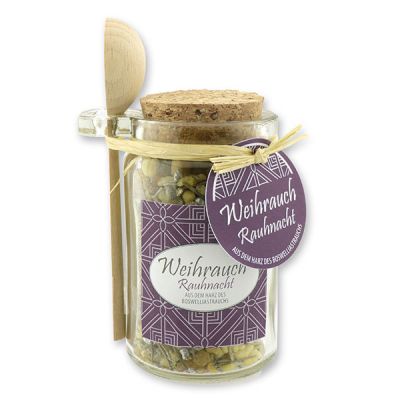 Insence mix 70g in a glass with cork and a wooden spoon decorated, "Rauhnacht" 