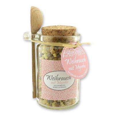 Insence mix 70g in a glass with cork and a wooden spoon decorated, Incense with myrrh 