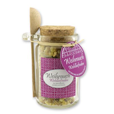 Insence mix 70g in a glass with cork and a wooden spoon decorated, "Wohlbefinden" 