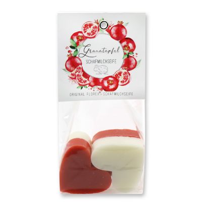 Sheep milk soap heart 4x23g in a cellophane bag "Einzigartige Augenblicke", Classic/Pomegranate 