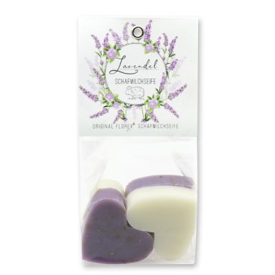 Sheep milk soap heart 4x23g in a cellophane bag "Einzigartige Augenblicke", Classic/Lavender 