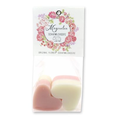 Sheep milk soap heart 4x23g in a cellophane bag "Einzigartige Augenblicke", Classic/Magnolia 