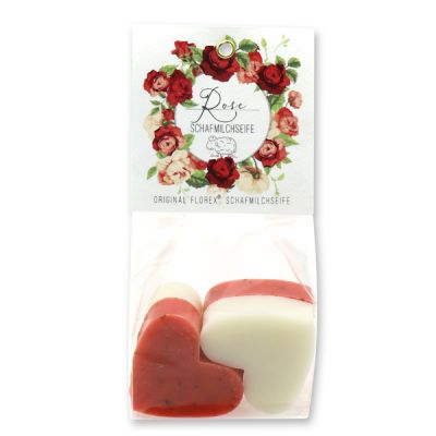 Sheep milk soap heart 4x23g in a cellophane bag "Einzigartige Augenblicke", Classic/Rose with petals 