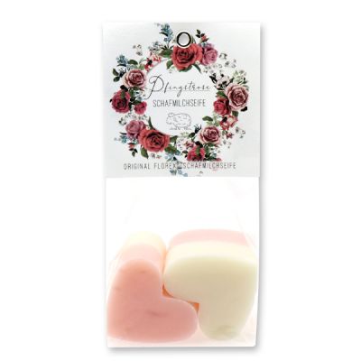 Sheep milk soap heart 4x23g in a cellophane bag "Einzigartige Augenblicke", Classic/Peony 