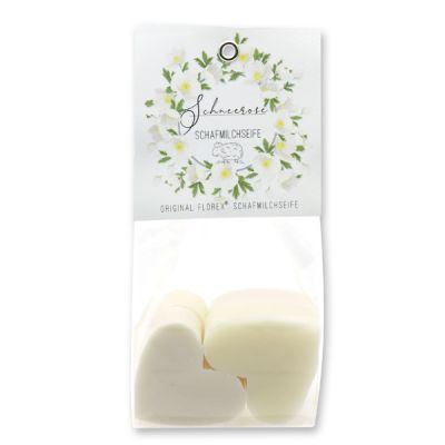 Sheep milk soap heart 4x23g in a cellophane bag "Einzigartige Augenblicke", Classic/Christmas rose white 