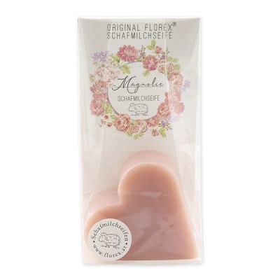 Sheep milk soap heart 85g in cello "Einzigartige Augenblicke", Magnolia 