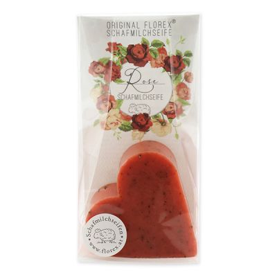 Schafmilchseife Herz 85g in Cello "Einzigartige Augenblicke", Rose mit Blüte 