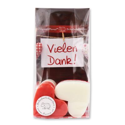 Sheep milk soap heart 4x23g in a cellophane bag "Vielen Dank", Classic/Rose with petals 