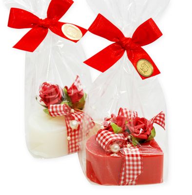 Sheep milk soap heart 85g, decorated with a red rose packed in a cellophane bag, Classic/Pomegranate 