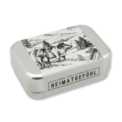 Sheep milk soap square 100g in a can "Heimatgefühl", Swiss pine 