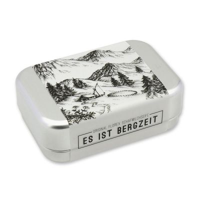 Sheep milk soap square 100g in a can "Es ist Bergzeit", Swiss pine 