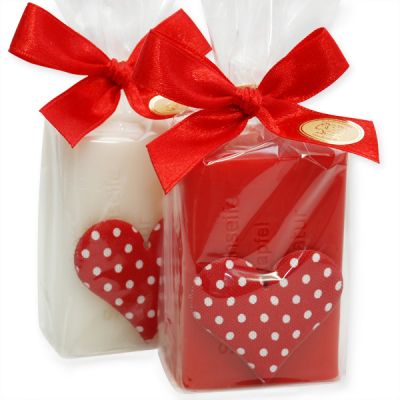 Sheep milk soap 100g, decorated with a checkered fabric heart in a cellophane, Classic/pomegranate 