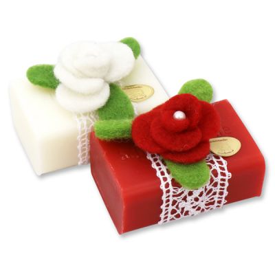 Sheep milk soap square 100g, decorated with a felt flower, Classic/rose 