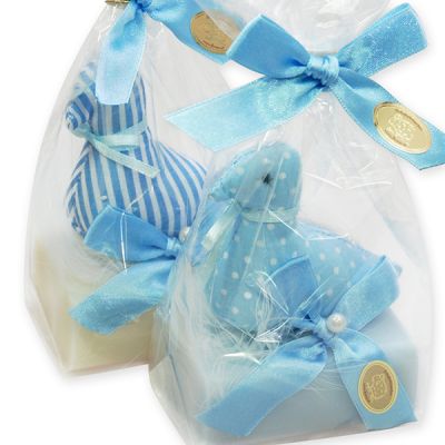 Sheep milk soap 100g, decorated with a material duck packed in a cellophane bag, Classic/'forget-me-not' 