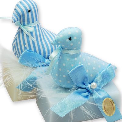 Sheep milk soap 100g, decorated with a material duck, Classic/'forget-me-not' 
