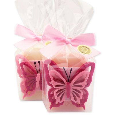 Sheep milk soap 100g decorated with felt butterfly in a cellophane bag, Classic/peony 