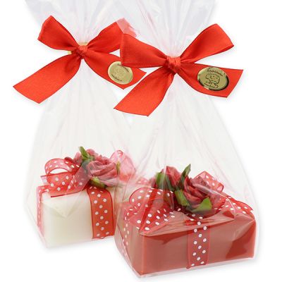 Sheep milk soap square 100g decorated with roses packed in a cellophane bag, Classic/pomegranate 