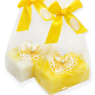 Sheep milk soap 100g, decorated with a crocheted heart in a cellophane, Classic/frangipani 