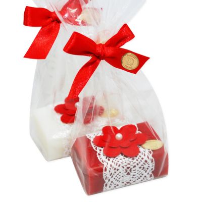 Sheep milk soap square 100g, decorated with a red flower in a cellophane, Classic/rose 