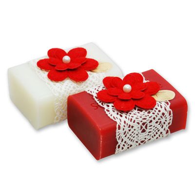 Sheep milk soap square 100g, decorated with a red flower, Classic/rose 