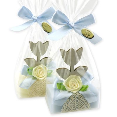 Sheep milk soap 100g decorated with a tulip in a cellophane bag, Classic/Forget-me-not 