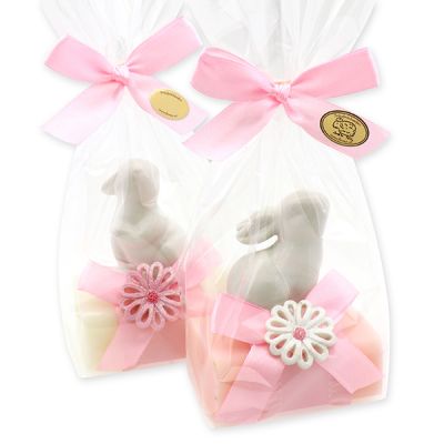 Sheep milk soap 100g decorated with a rabbit in a cellophane bag, Classic/Peony 