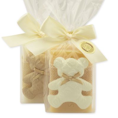 Schafmilchseife eckig 100g dekoriert mit Teddy in Cello, Classic/Sheabutter 