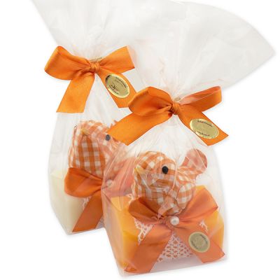 Sheep milk soap 100g decorated with a felt bird in a cellophane bag, Classic/orange 