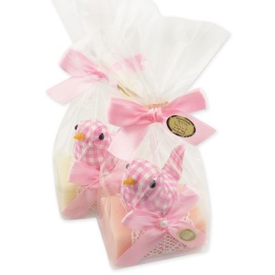 Sheep milk soap 100g decorated with a felt bird in a cellophane bag, Classic/peony 