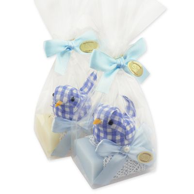 Sheep milk soap 100g decorated with a felt bird in a cellophane bag, Classic/forget-me-not 