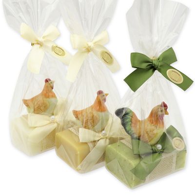 Sheep milk soap 100g decorated with a rooster/chicken in a cellophane bag, Classic/verbena/swiss pine 