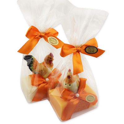 Schafmilchseife eckig 100g dekoriert mit Hahn/Huhn in Cello, Classic/Orange 