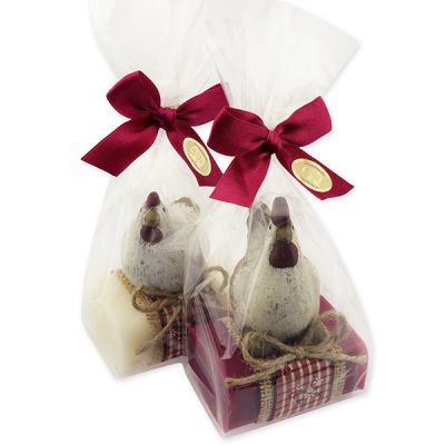 Sheep milk soap 100g decorated with a rooster/chicken in a cellophane bag, Classic/mallow flower 