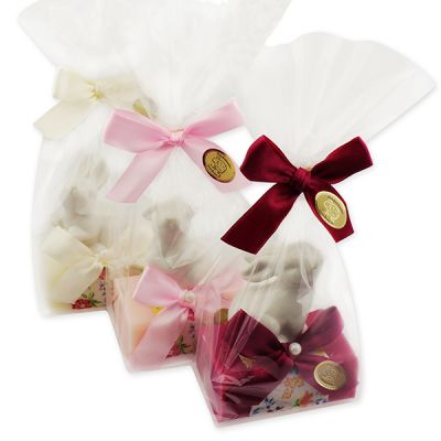 Sheep milk soap 100g decorated with a rabbit in a cellophane bag, Classic/peony/mallow flower 