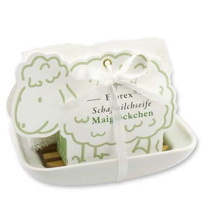 Soap dish porcelain decorated with a sheep milk soap 100g in a sheep paper box, Lily of the valley 