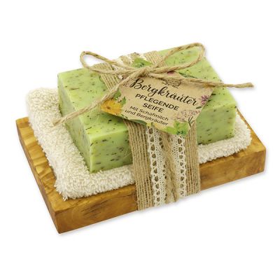 Sheep milk 150g on a olive wood soap dish "feel-good time", Mountain herbs 