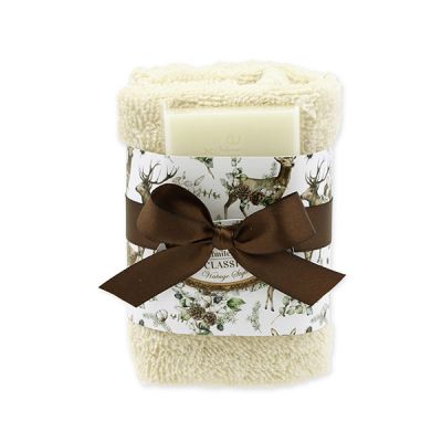 Schafmilchseife 35g und Waschtuch 30x30cm creme "Vintage-Motiv 223", Classic 