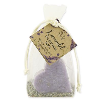 Sheep milk soap heart 65g with lavender petals in organza bag "feel-good time", Lavender 