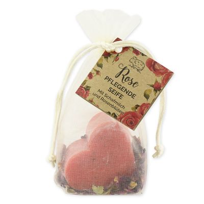 Sheep milk soap heart 65g with rose petals in organza bag "feel-good time", Rose with petals 