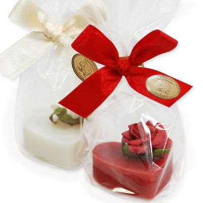 Sheep milk soap heart 23g, decorated with a rose in a cellophane, Classic/pomegranate 