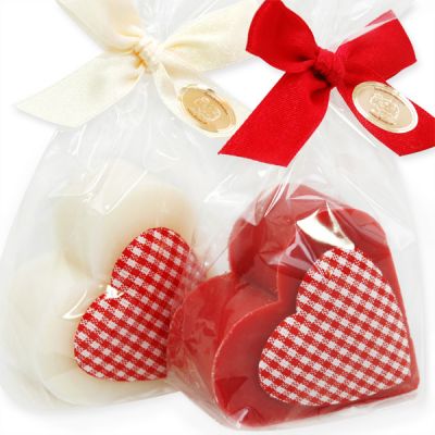 Sheep milk soap heart 85g, decorated with a checkered heart in a cellophane, Classic/pomegranate 